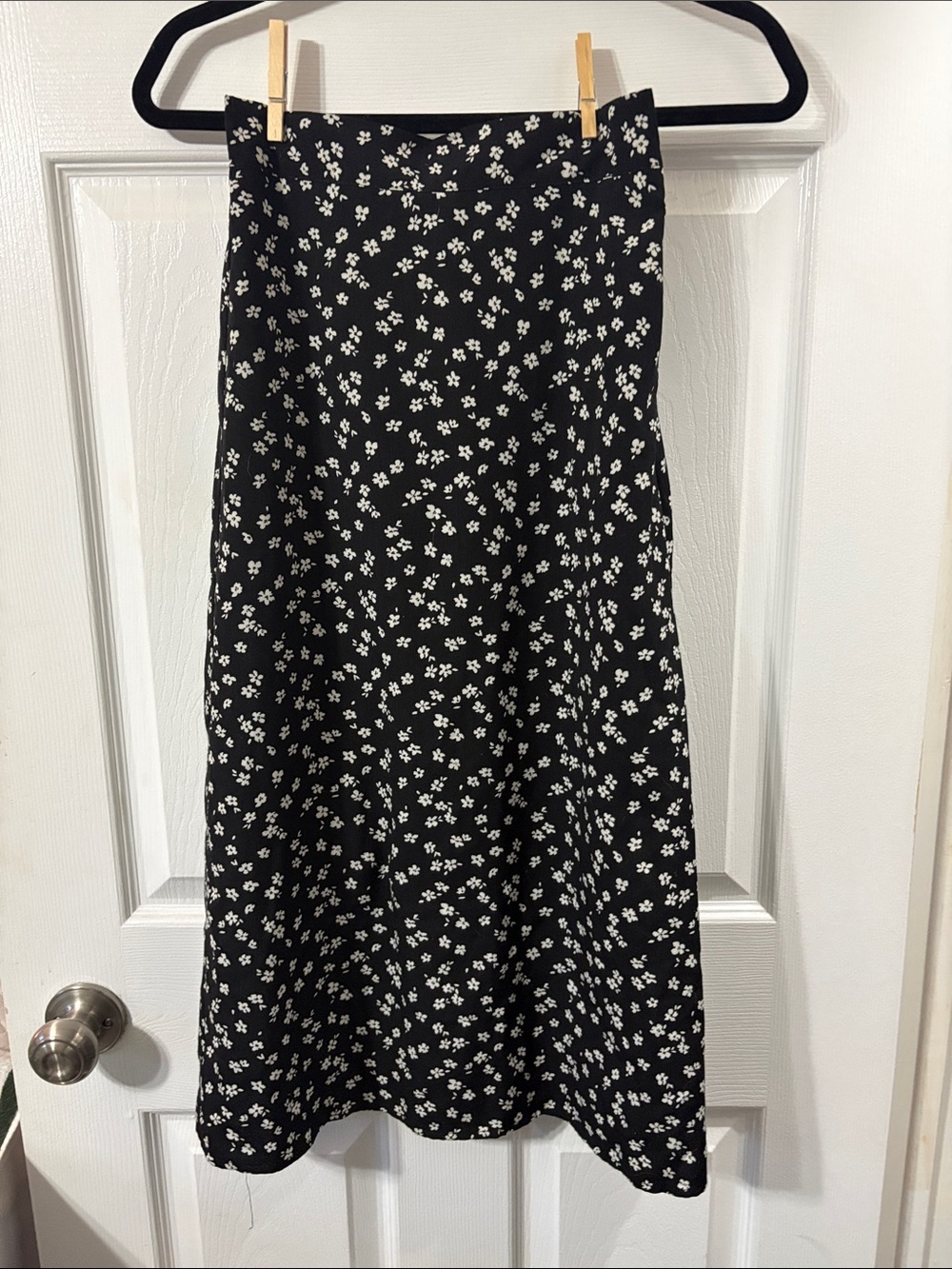Women's Black A-Line Midi Skirt with White Floral Print